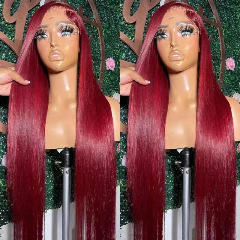 Vinho vermelho peruca longa reta do laço frontal, cabeça cheia conjunto, cabelo humano fêmea realista natural, destaque peruca, 13x6, 12A