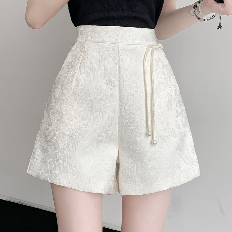 2024 Summer New Chinese Style Women High Waised Beige Black Dobby Floral Shorts  , Woman Vintage Casual Flower Shorts