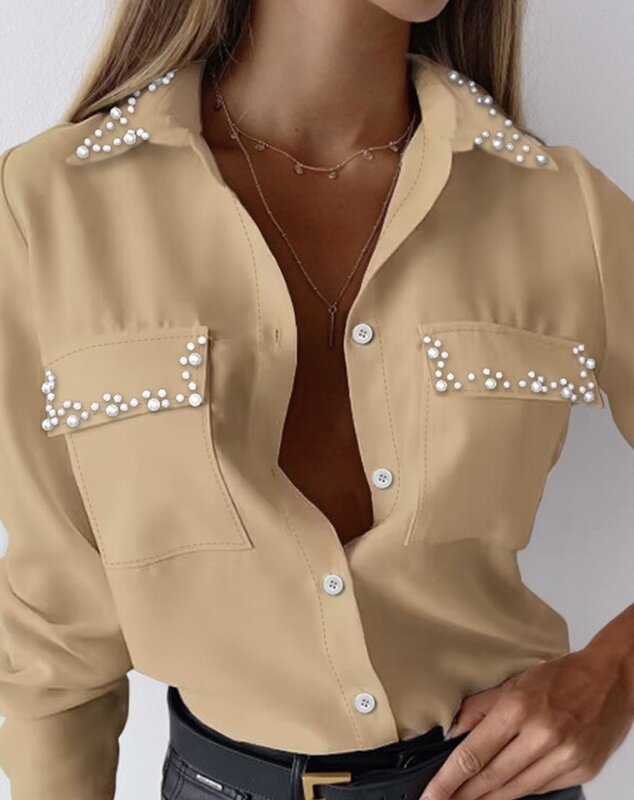 Design tascabile con fibbia a perline Top nuova camicia Casual monopetto a maniche lunghe da donna di moda di vendita calda
