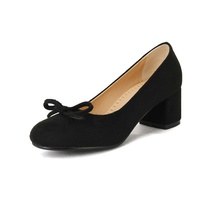 Big Size 33-48 Sweet Bowtie Women Pumps Chunky Heels Black Suede Round Toe Casual Office Wedding Slip-on Dress Ladies Shoes