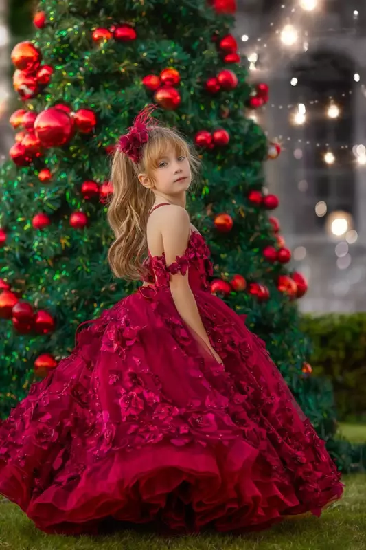 Роскошные платья для девочек с цветами бордового цвета, длинное платье с 3D цветами, жемчужинами, раннее платье с открытыми плечами, Тюлевое Пышное детское рождественское платье