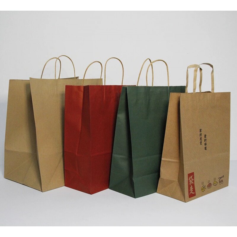 حقيبة ورقية للتسوق من كرافت كرافت مع مقابض ، أبيض ، بني ، منتج مخصص ، مطبوع حسب الطلب شعارك الخاص