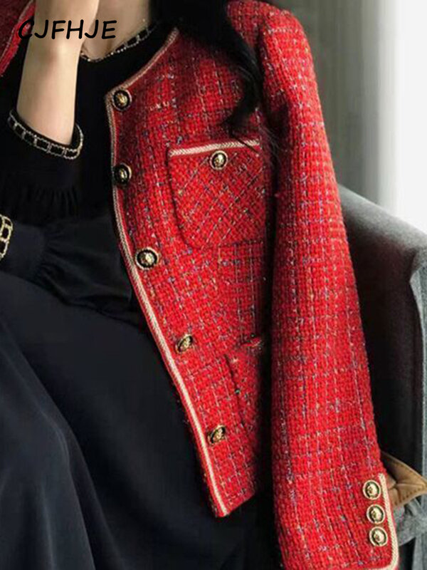 CJFHJE-Blazers de Tweed rojo para mujer, chaqueta holgada con cuello redondo, traje de un solo pecho, abrigos elegantes de estilo coreano, otoño e invierno, novedad