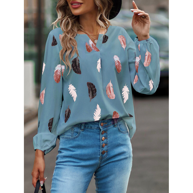Женская шифоновая блузка с длинным рукавом, свободные топы с V-образным вырезом, элегантная шикарная одежда с принтом, летняя модная туника большого размера, 2023