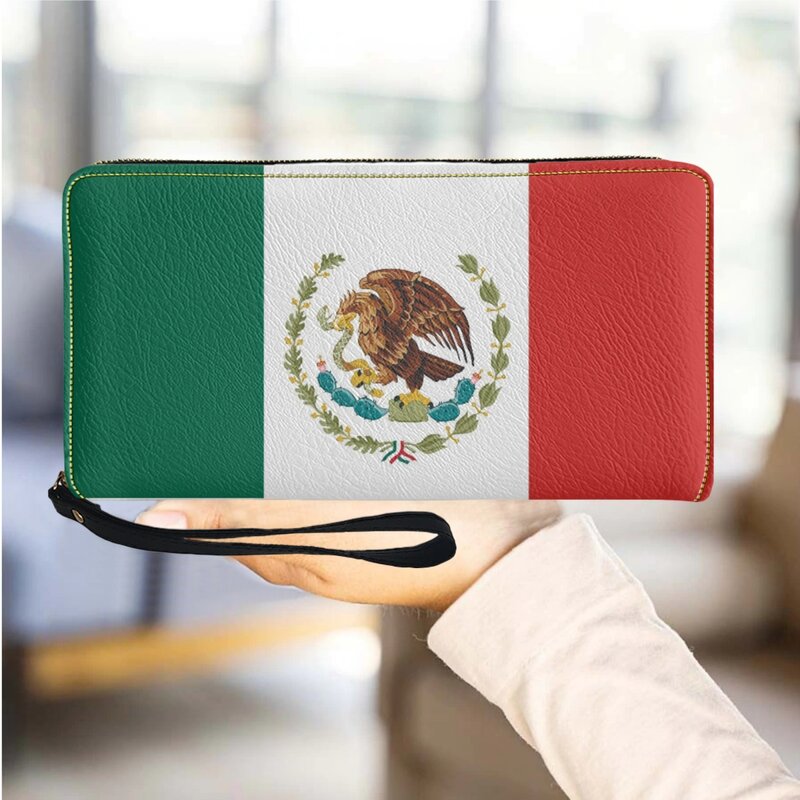 Carteiras luxuosas de couro PU para mulheres, bandeira do México padrão, Wristlet Clutch, carteira de telefone celular, bolsas femininas, bolsa longa casual