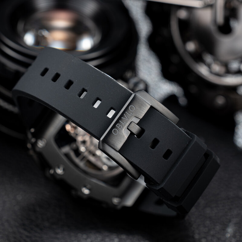 OBLVLO-ساعة ميكانيكية مع PVD سوداء ، هيكل عظمي تونيو من الفولاذ المقاوم للصدأ ، شريط مطاطي ، ساعة أوتوماتيكية ، تصميم إصبع جديد ،