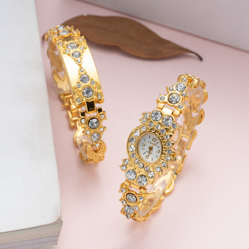 여성용 크리스탈 다이아몬드 시계, 쉬운 읽기 다이얼, 골든 라인석 도금 시계, 여자 친구 생일 선물