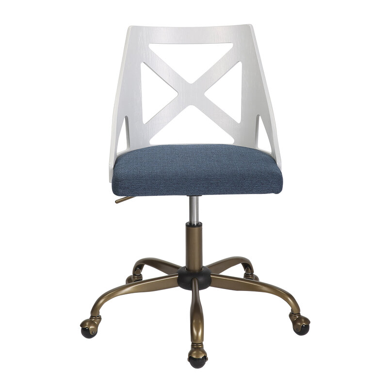 LumiSource-La chaise de travail de la ferme Charlotte comprend du métal cuivré antique, du bois texturé blanc et du tissu bleu