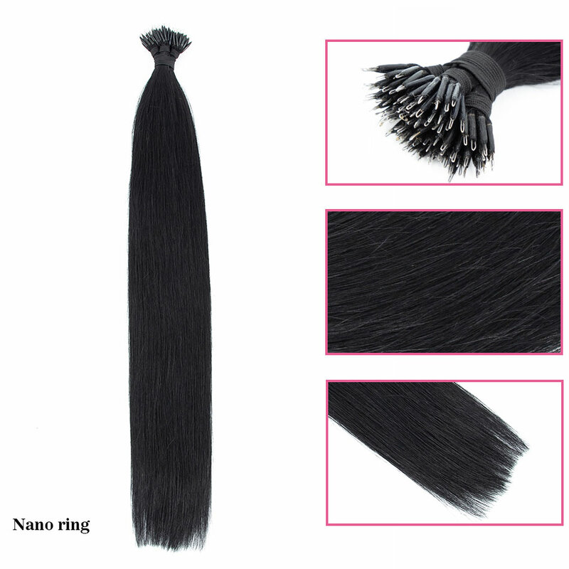 PLADIO 1g/strand Nano Rings Micro Links Human Hair Extensions Micro Bead  Loop Pre Bonded 16-22 inch Straight Natural Black