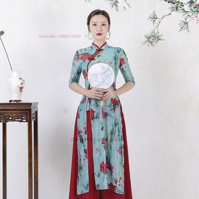 Robe vintage en mousseline de soie pour la danse folklorique chinoise, ensemble de médicaments qipao, pantalon imprimé fleur de gel, vêtements de performance sur scène, 2024