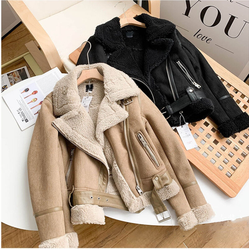 Winter New Women Thick Warm Vintage Suede Lambswool Biker Jackets Coat Chic Sashes Casual Loose Faux Leather Outwear Tops Female