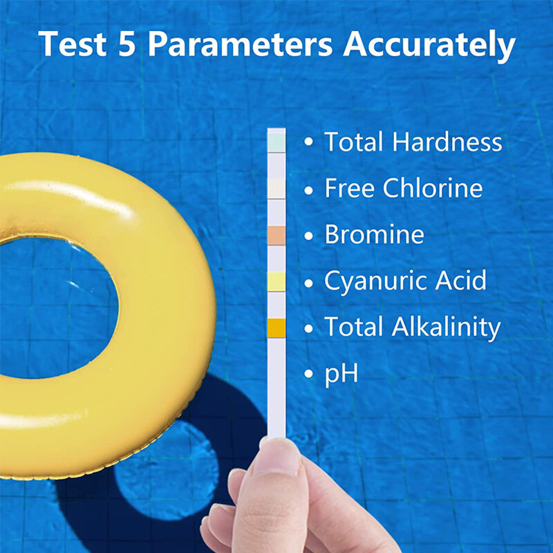 Tiras reactivas 5 en 1 para piscina, papel de prueba de PH de piscina de precisión rápida para cloro libre de dureza Bromin ácido cianúrico alcalinidad