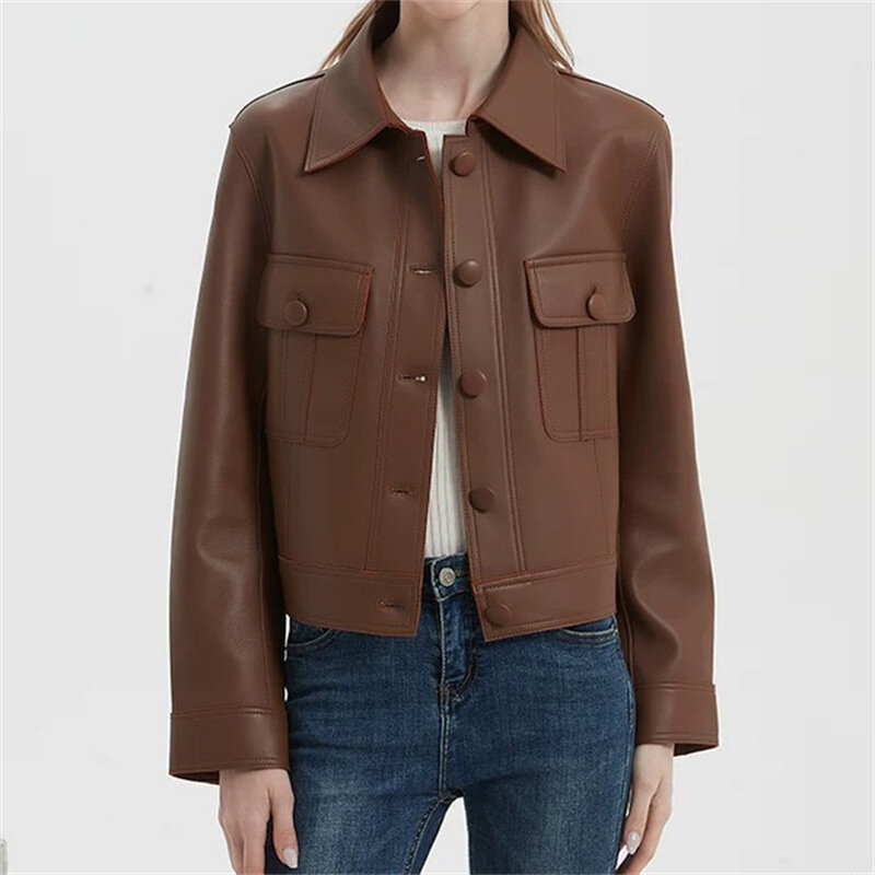 2023 Spring New Arrival  Women  Fashion Casual Short Genuine  Sheepskin Leather Coat