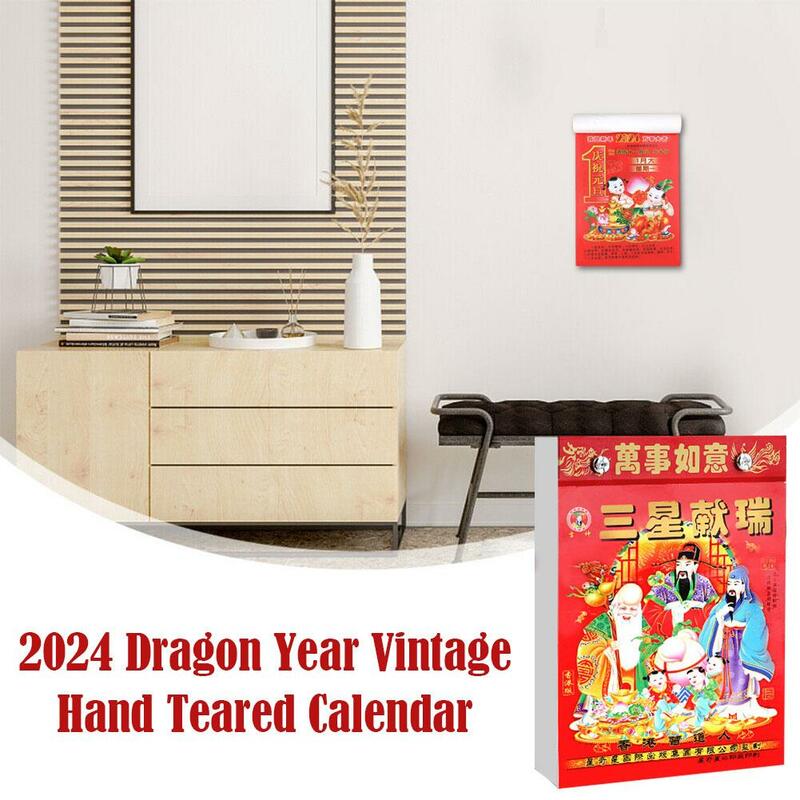 2024 Tahun Naga kalender dinding Vintage Hand-Teared dekorasi Imlek Cina tahun kalender Tahun Cina C5A6