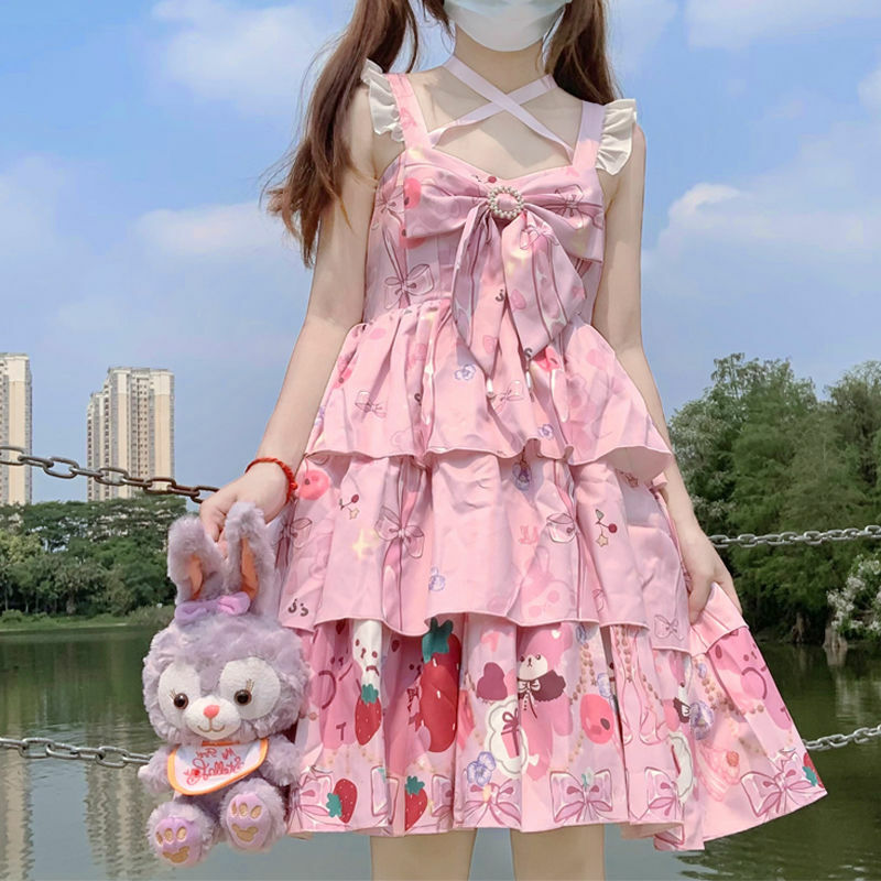 Kawaii-vestido doce lolita jsk com babados e arco para meninas, vestido de verão com estampa dos desenhos animados, para festa do chá, harajuku, chique