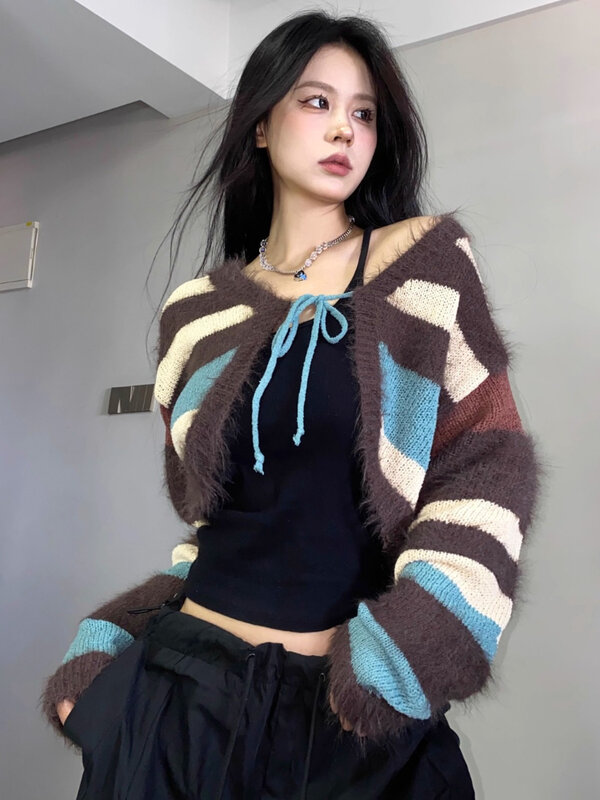 Женский винтажный Укороченный кардиган Deeptown Y2K в полоску, контрастный вязаный свитер в стиле K-POP в стиле Харадзюку, корейские Топы большого размера, уличная одежда 90-х