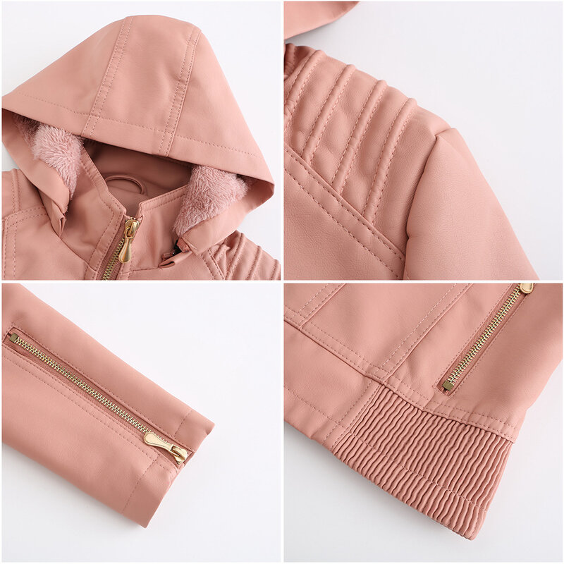 2022 Autumn and Winter Hooded Leather Jacket Women's Removable Hat Zipper Long-sleeved Velvet Warm PU Leather Slim Coat S-3XL