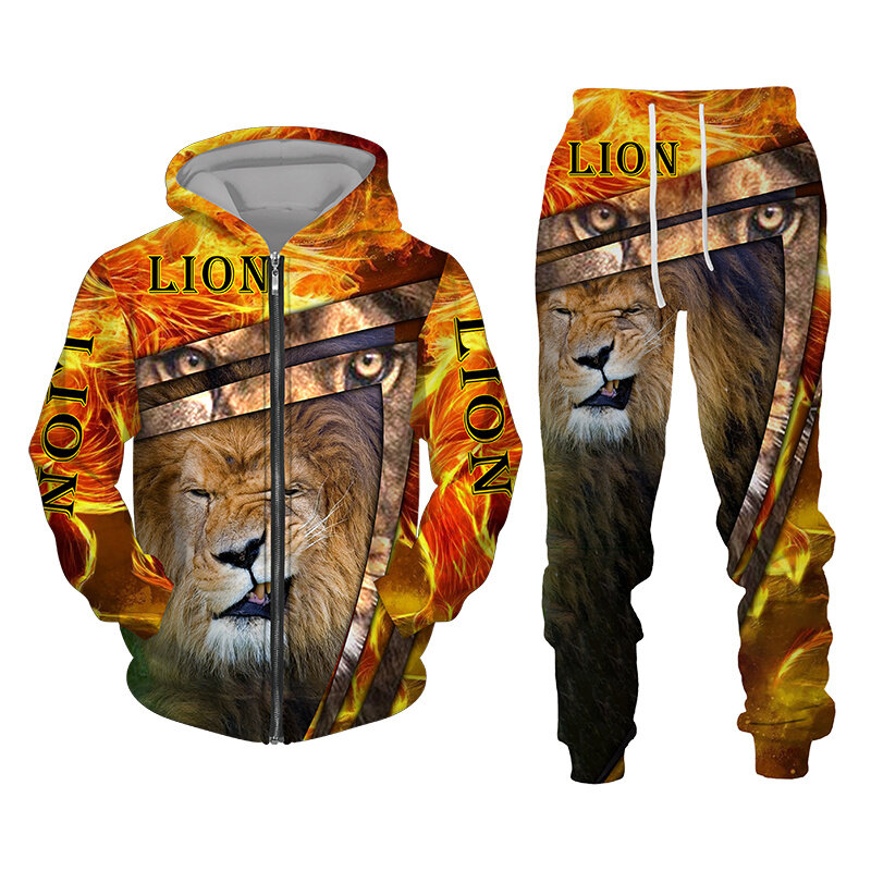 Спортивный костюм для мужчин и женщин, толстовка с капюшоном и штаны на молнии, с 3D принтом льва, повседневная одежда, осень-зима