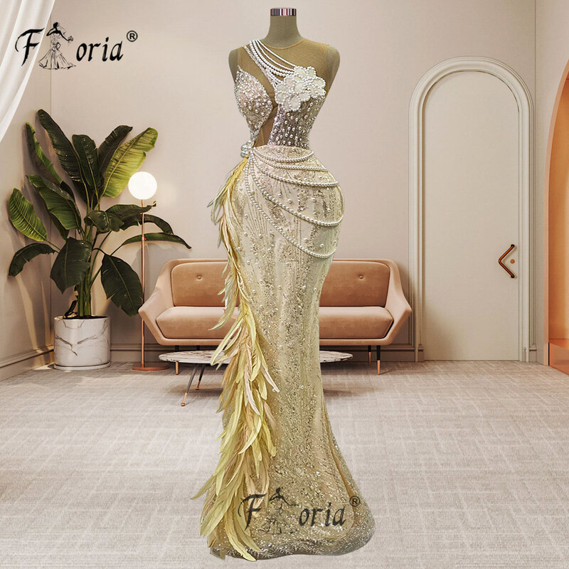 Charming Pearls Feather Arabic Dubai Formal Occasion Dress Beaded Flower nappa fessura Mermaid Wedding Party Dress abiti da sera
