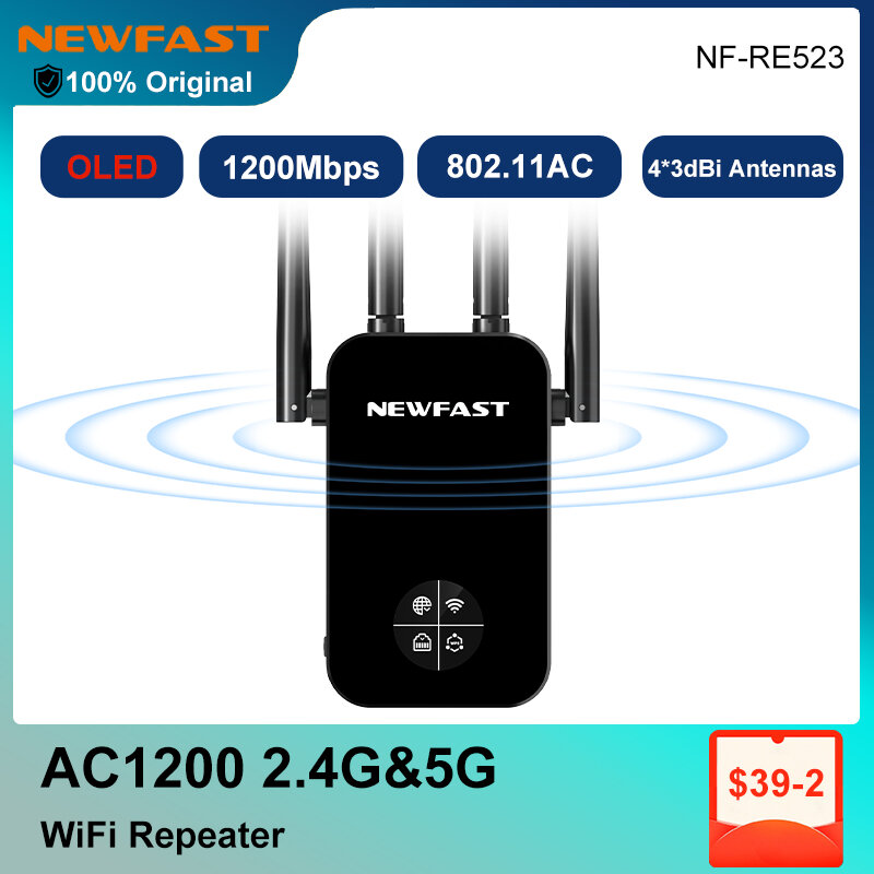 AC1200 Router OLED WiFi Repeater 5g 1200Mbps, antena jaringan Wi-Fi penguat sinyal 2.4G/5GHz jangkauan jauh