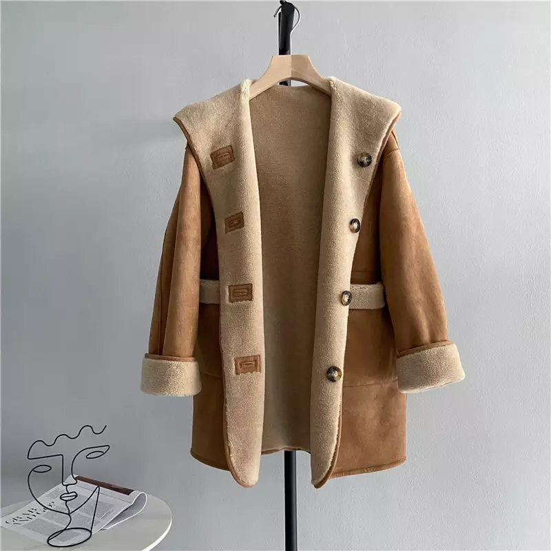 Fashion Sheep Shearling Fur Jacket Women Warm Mid-length Casual Wool Coat 2022 Winter Coat Women Korean Hooded Short Fur Coat Z