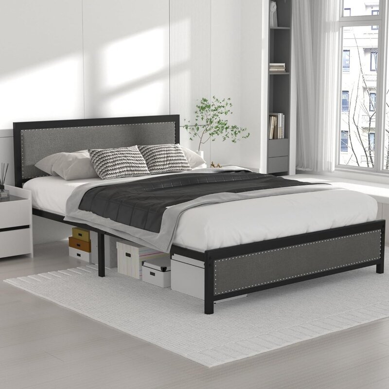 Pełny rama łóżka z tapicerowanym lnianym zagłówkiem i podnóżkiem, wytrzymała platforma z mocnego metalu listwami, bez sprężyny skrzynkowej