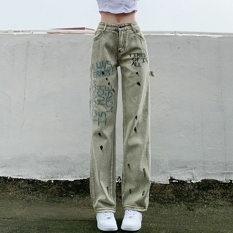 Americano retro maré marca lavado e velho rasgado jeans ins high street casual solto calças de brim retas 2022 novo