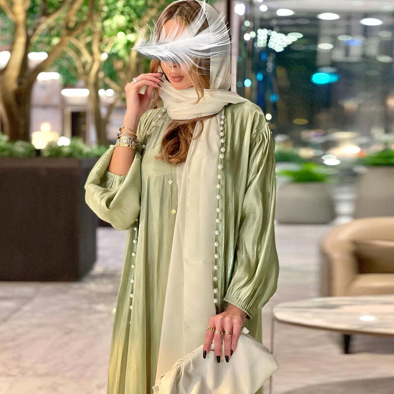 2PCS Modern Muslim Fashion Shiny Silk Satin Silk Dress Bubble Bead Solid Set Conservative Robe Casual Long Dresses Vestidoes