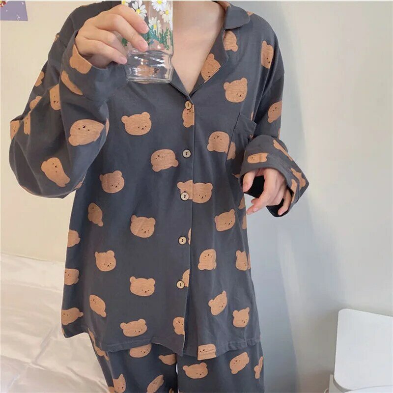 Sleepwear Korean Pajamas Women Cute Bear Pyjamas Long Sleeve and Pants Nightwear 2 Pieces Set Pijama Negligee Cardigan Home Suit