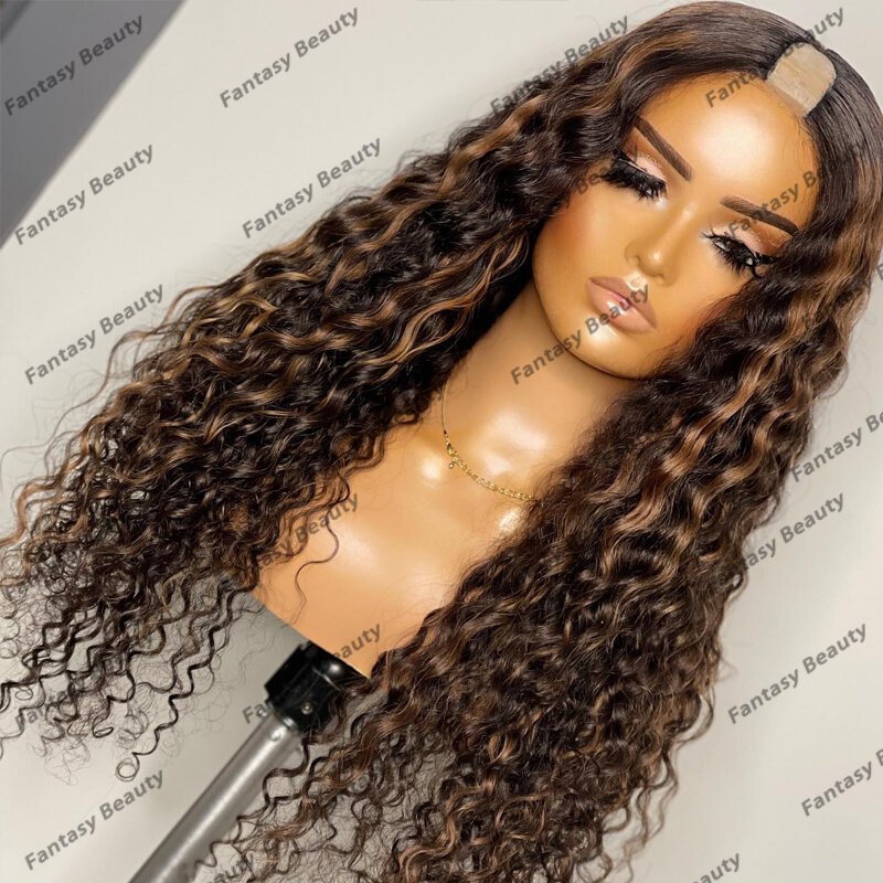 Натуральные волнистые коричневые 1x4 открытые U-образные парики из человеческих волос для чернокожих женщин, безклеевые парики 200 плотности с эффектом омбре, светлые U-образные парики