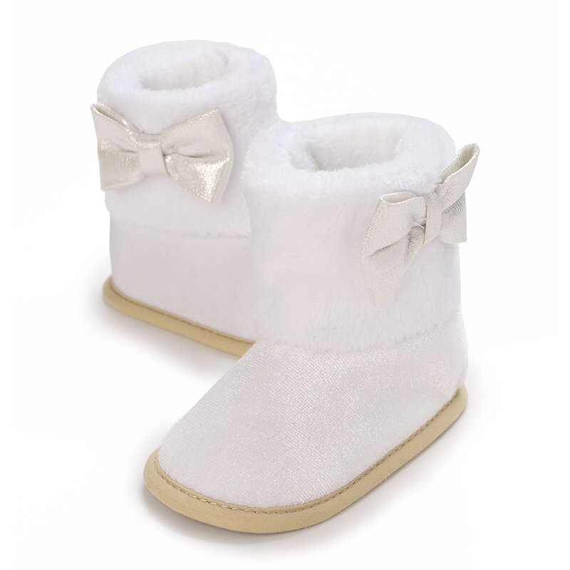 Sepatu bot salju bayi, sneaker pertama jalan, hangat dengan pita dekorasi untuk mandi Natal musim dingin