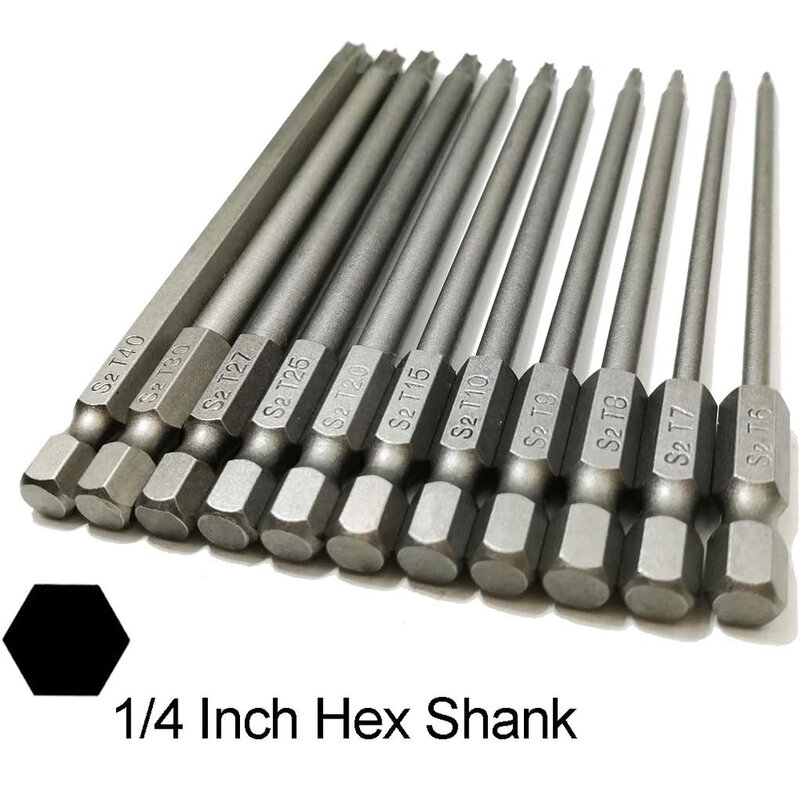 11PCS Torx Head Screwdriver Bit Set Magnetic 1/4" Hex Shank S2 Steel 3 Inch Long Drill Bits Security Torx Bits T6-T40 50/100mm