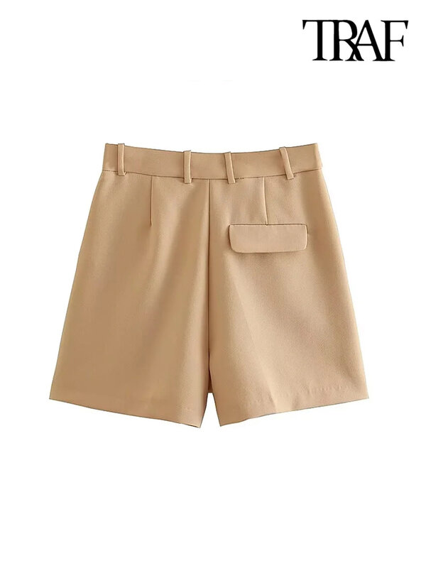TRAF-Bermudas de cintura alta para mulheres, bolsos laterais, dardos dianteiros, vintage, com zíper, calças curtas femininas, moda