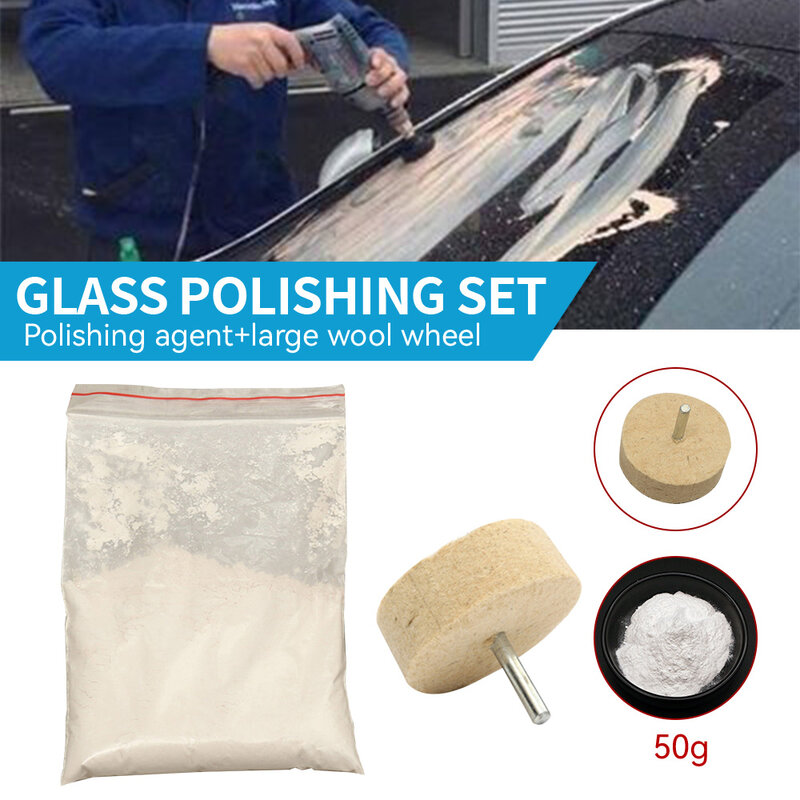 Kit de pulido de vidrio de 50g, polvo de óxido de cerio + almohadilla de pulido de rueda de fieltro de lana, limpieza de vidrio, eliminación de arañazos, herramientas de pulido