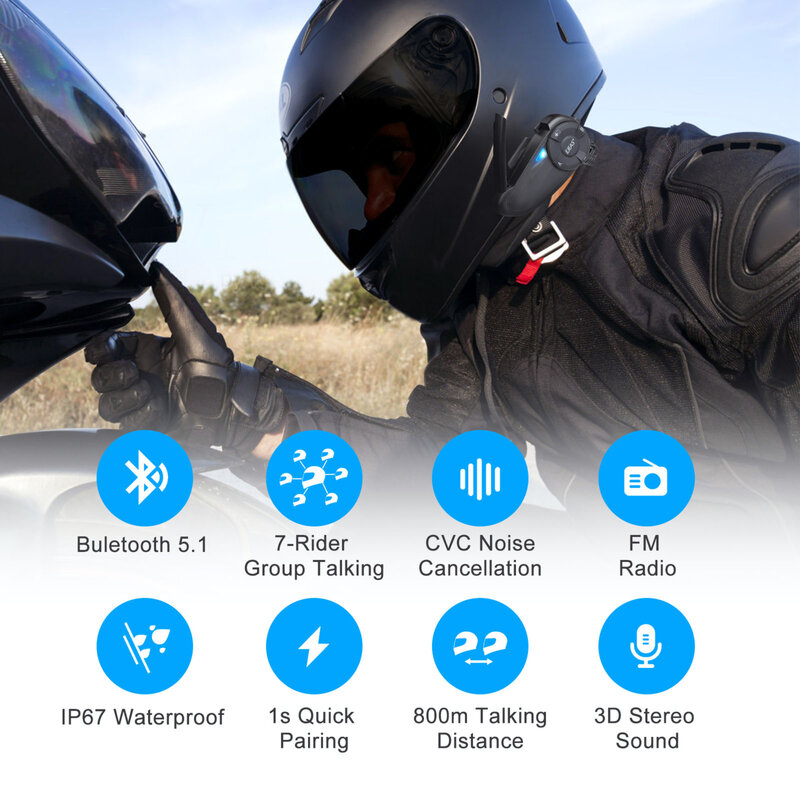 EJEAS-intercomunicador Q7 para casco de motocicleta, interfono inalámbrico impermeable con Bluetooth 5,1, Quick7, hasta 7 conductores
