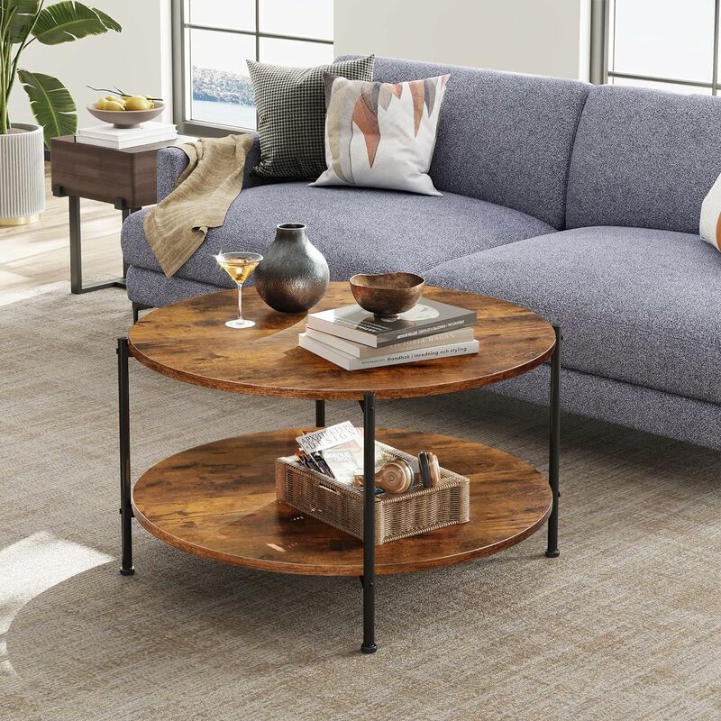 Round Coffee Table, Living Room Table with 2-Tier Storage Shelf, 32in Wood Modern Coffee Table with Metal Frame and Wood Desktop