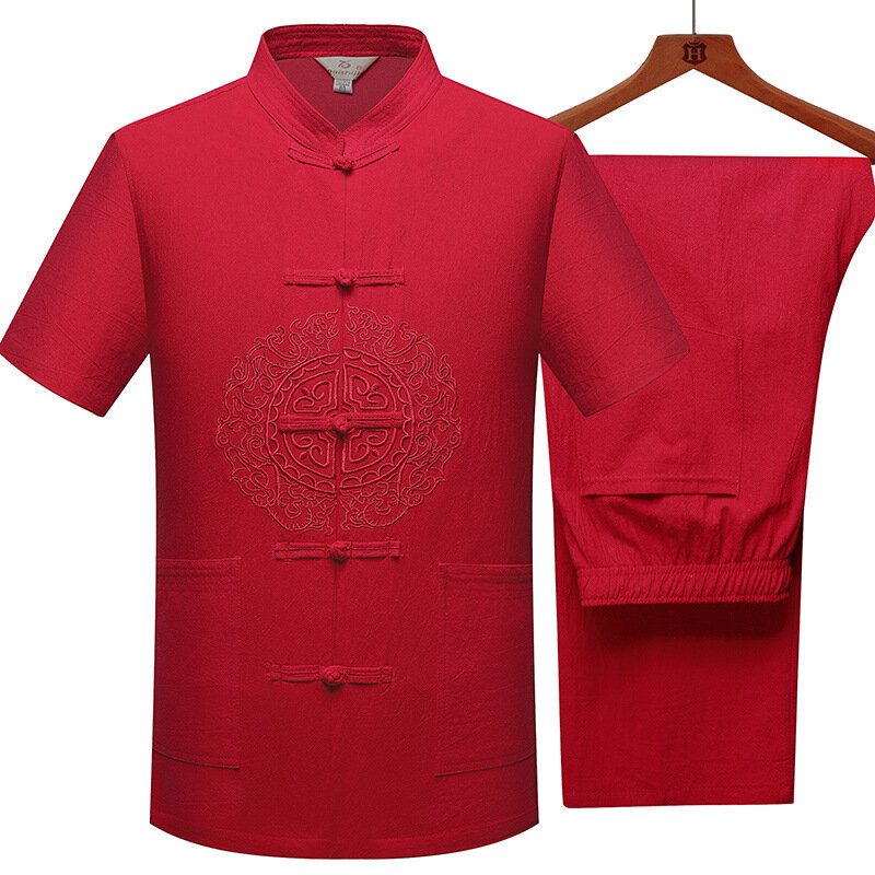Bordado retro tang terno estilo chinês dos homens kung fu tai chi conjunto roupas étnicas casual manga curta algodão linho loungewear