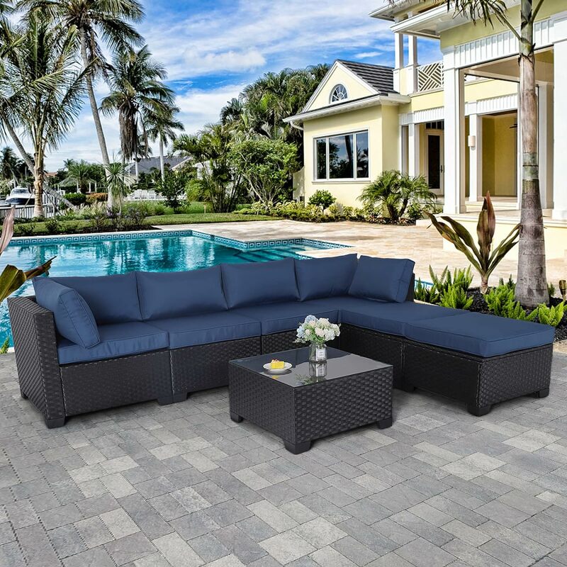 Outdoor PE Wicker Furniture Set Patio Rattan Sectional Conversation Sofa Set with Cushions and Glass Top Table/Fire Pit Table