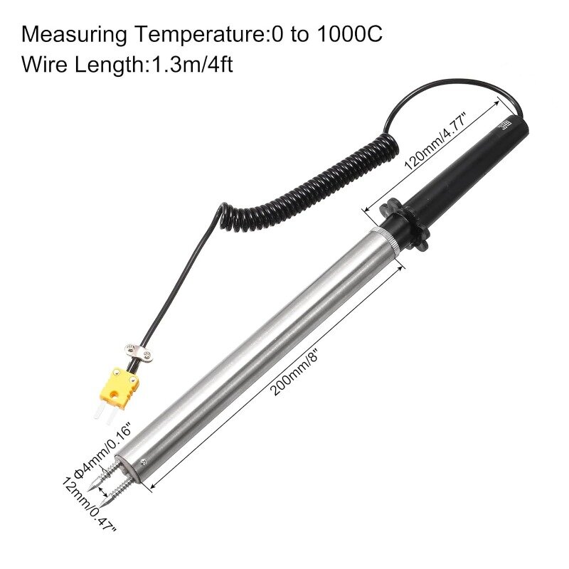Механический зонд термопары типа K желтый Спиральный провод от 0 до 1000C для измерения температуры металлической поверхности