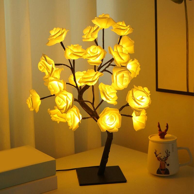 Lámpara de mesa LED para el hogar, luz de árbol de flores rosas, regalo, luz nocturna USB para dormitorio, sala de estar, fiesta, boda, decoración de Navidad, 24 LED