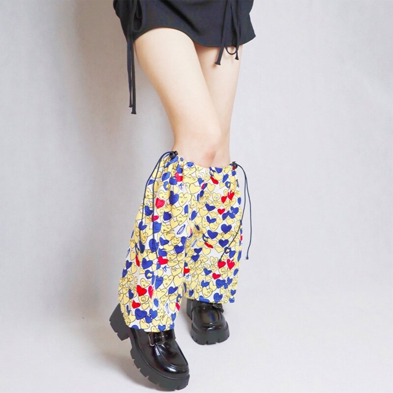 ผู้หญิง Punk ขาอุ่นญี่ปุ่น Harajuku Multicolor การ์ตูน Heart พิมพ์เท้า Baggy Drawstring เข่าถุงเท้าสูง
