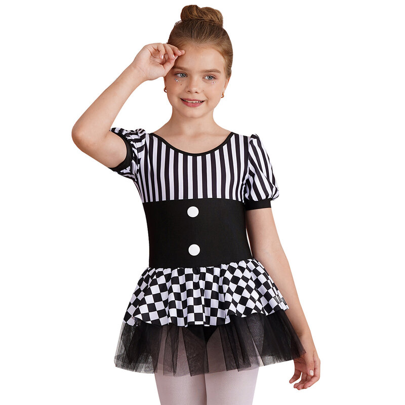 Black Kids Girls Halloween Christmas Circus Clown Costume manica corta Stripes Checkerboard Print Tutu Dress body Dancewear
