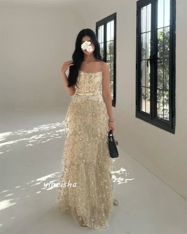 Prom Dress Saudi Arabia Tulle Applique Tiered Draped Formal Evening A-line Strapless Bespoke Occasion Gown Midi Dresses