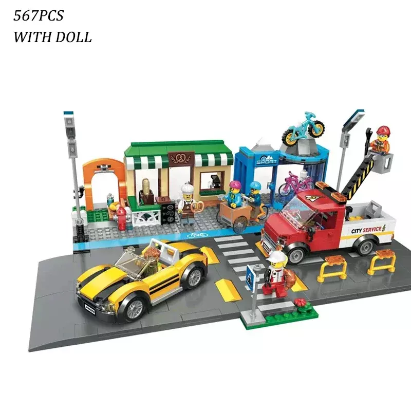 Blocos de construção de rua para crianças, tijolos urbanos, brinquedos DIY, presentes de Natal e aniversário, compatíveis com 60306, 567 peças
