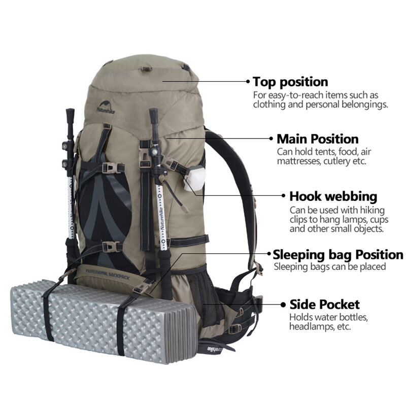 Natureifa Sac à dos professionnel pour la randonnée en plein air, sac de voyage, grande capacité 70L, sac de camping d'alpinisme, système de support NH70B070-B