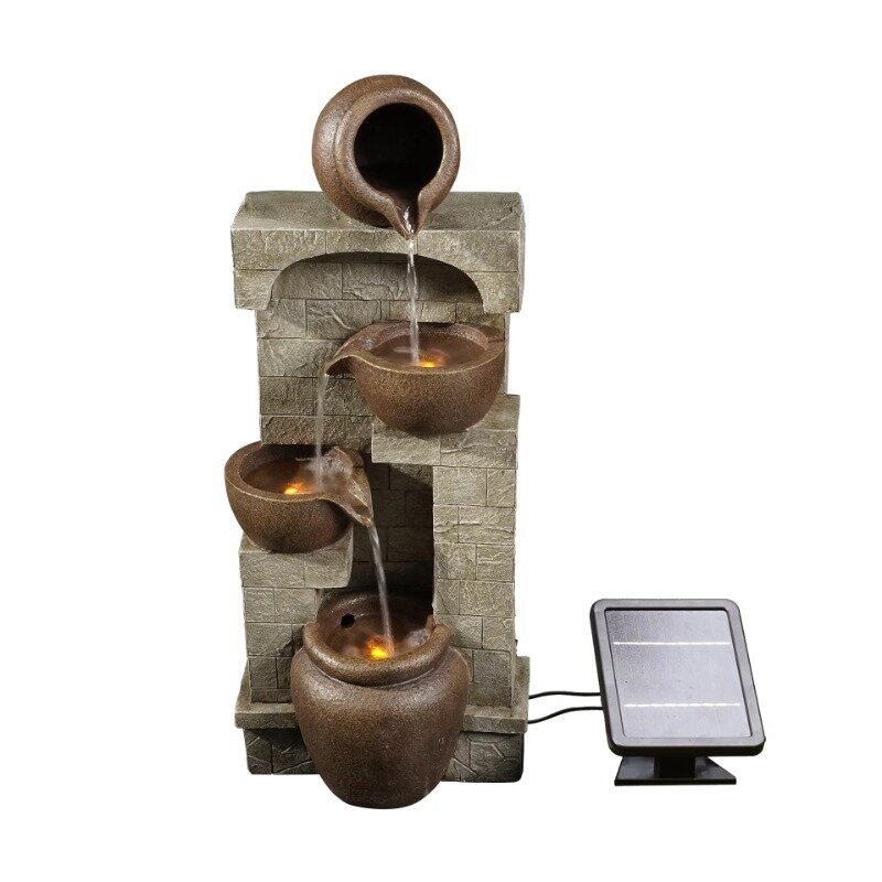 Teamson Home 28.5" Solar Powered 4-Tier Cascading Bowls & Stacked Stones Garden Water Fountain with LED Lights, Brown