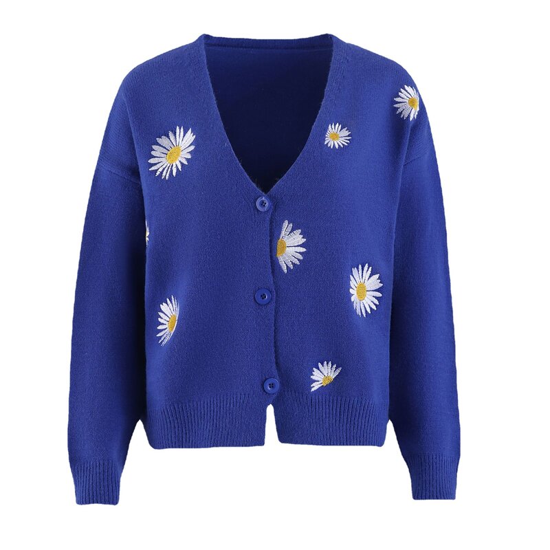 VOLALO-Camisola de malha de peito único para mulheres, jaqueta bordada, crisântemo e flor, nova, outono, 2024