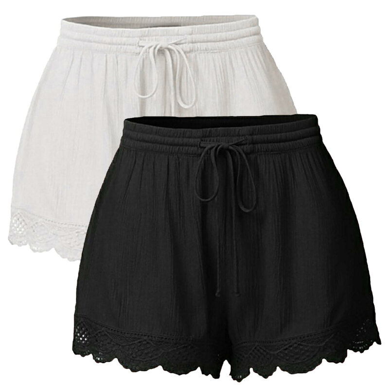 Celana pendek wanita kasual, celana pendek musim panas, pinggang elastis, tali serut, sederhana, longgar, mode baru, 2024