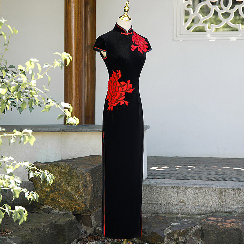 Женское бархатное платье-Ципао Old Shanghai Qipao с короткими рукавами, улучшенное вечернее платье в китайском традиционном стиле ретро, вечернее платье 5XL