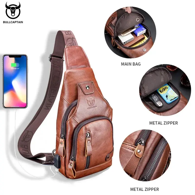 BULLCAPTAIN-Bolsa de peito de couro para homens, bolso no peito, um crossbody com USB, bolsa de peito recarregável, pode ser usada para bolsos IPai 7,9 in